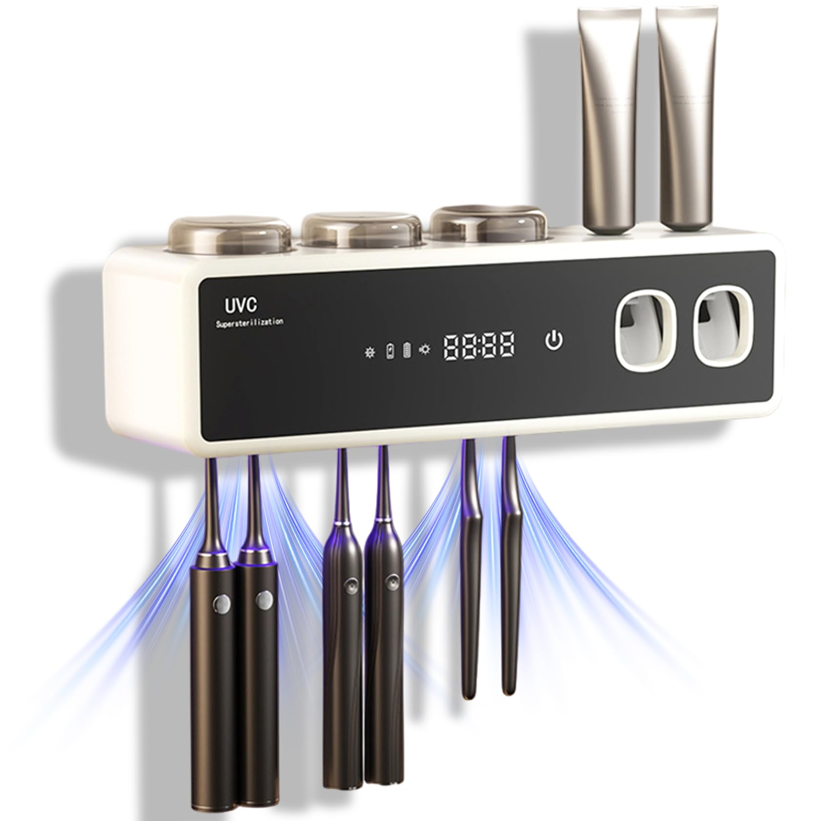 Portaspazzolino intelligente con raggi UV – Organizzatore per spazzolini elettrici montato a parete con dispenser automatico di dentifricio e funzione di asciugatura, bianco