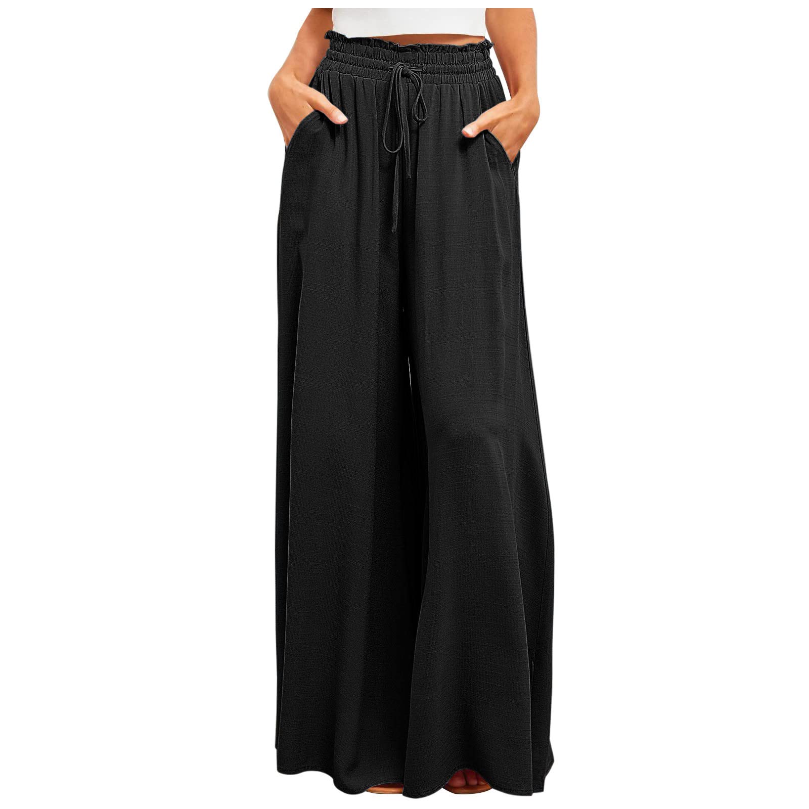 DOLKFUWide Leg Pants for Women Drawstring Elastic Loose Trousers High Waist Elegan Straight Pants with Pockets