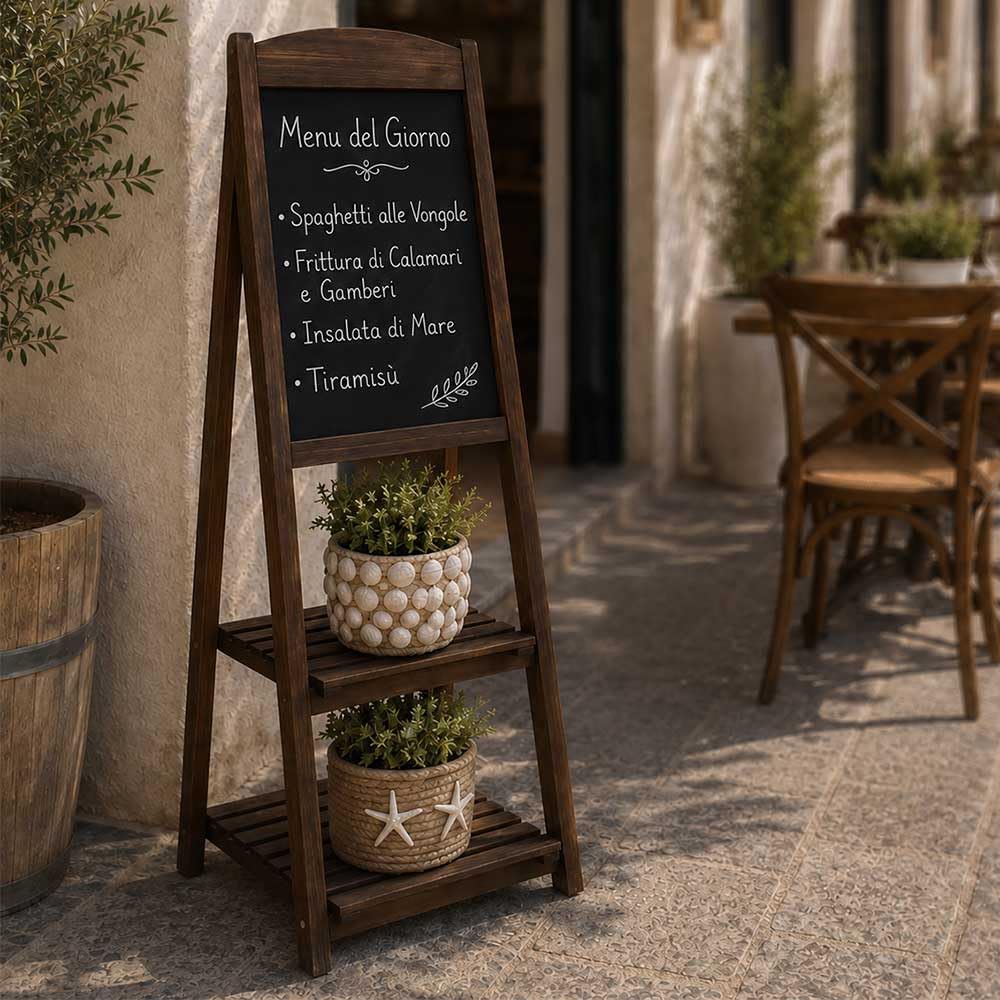 Pizarra publicitaria de madera con dos estantes para bares y restaurantes H112