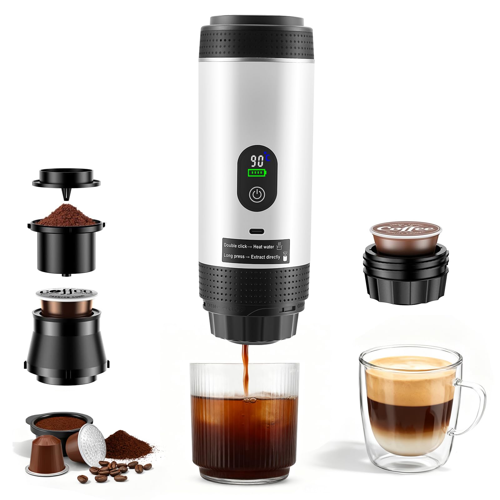Machine à Café Portable 3 en 1 avec Batterie, Machine à Espresso USB-C pour Voiture, Compatible avec Capsules et Café Moulu, Gadget pour Camping-Car et Cadeau Camping, Blanc