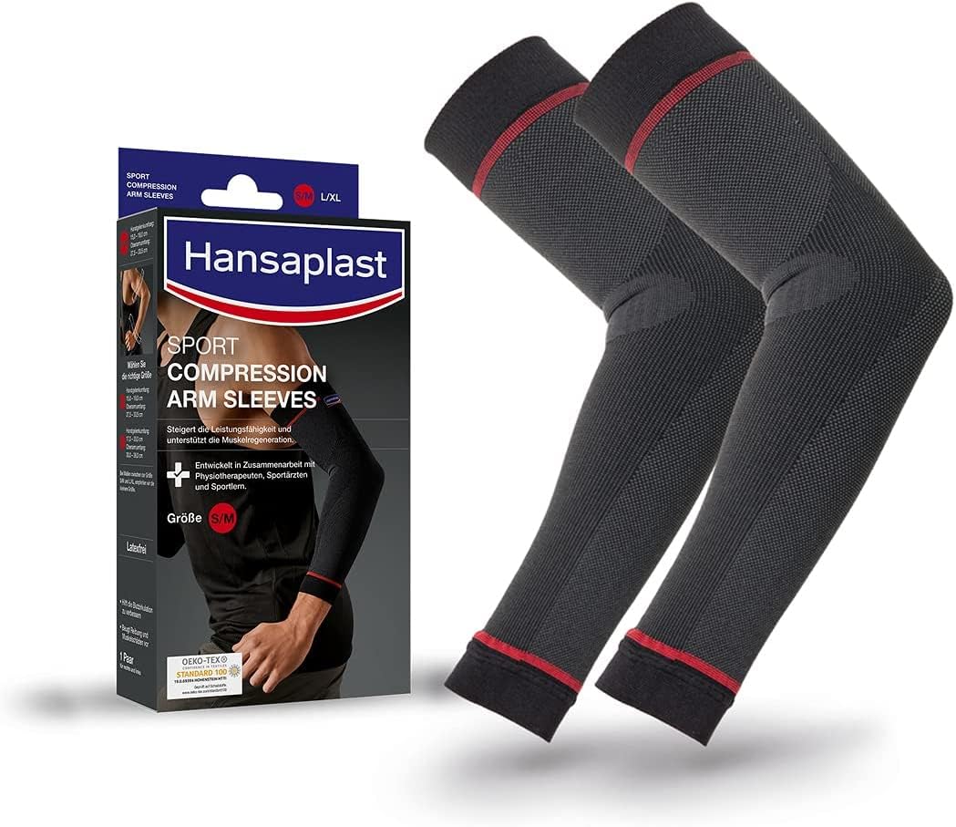 Hansaplast Sport Compression Wear Arm Sleeves, Armbandage unterstützt die Muskulatur, Ellenbogenbandage fördert mit Kompression die Muskelregenration, 1 Paar, Größe S/M