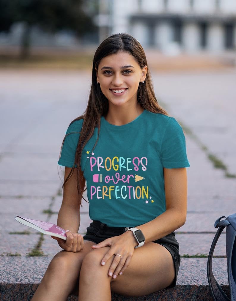 Teacher Shirts for Women Progress Over Perfection Teacher T-Shirt Short Sleeve Back to School Tee Tops - Image 2