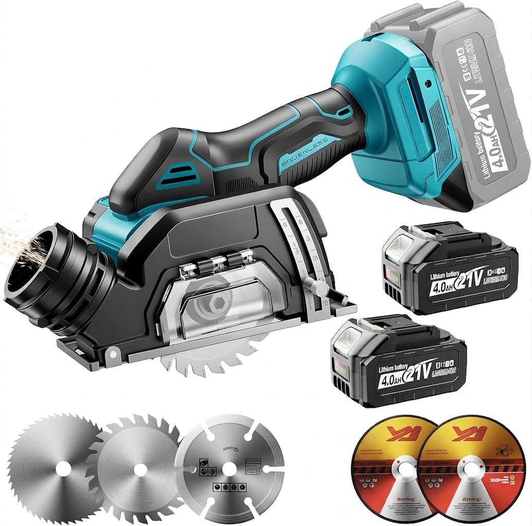 YEARTOP Mini Sierra Circular Batería 18V Amoladora 3" con 2x 4.0Ah Accu | Sierra compatible con batería Makita 18V. Corte ajustable, conexión aspiradora y 5 discos para azulejo, madera, metal