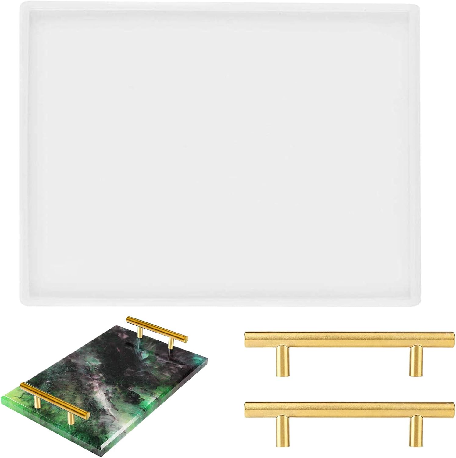 Jashem Silicone Tray Mold Geode Epoxy Resin Casting Molds for Making Faux Agate Tray,Serving Board Included 1 pcs Agate Platter Mold and 2 pcs Gold Handles