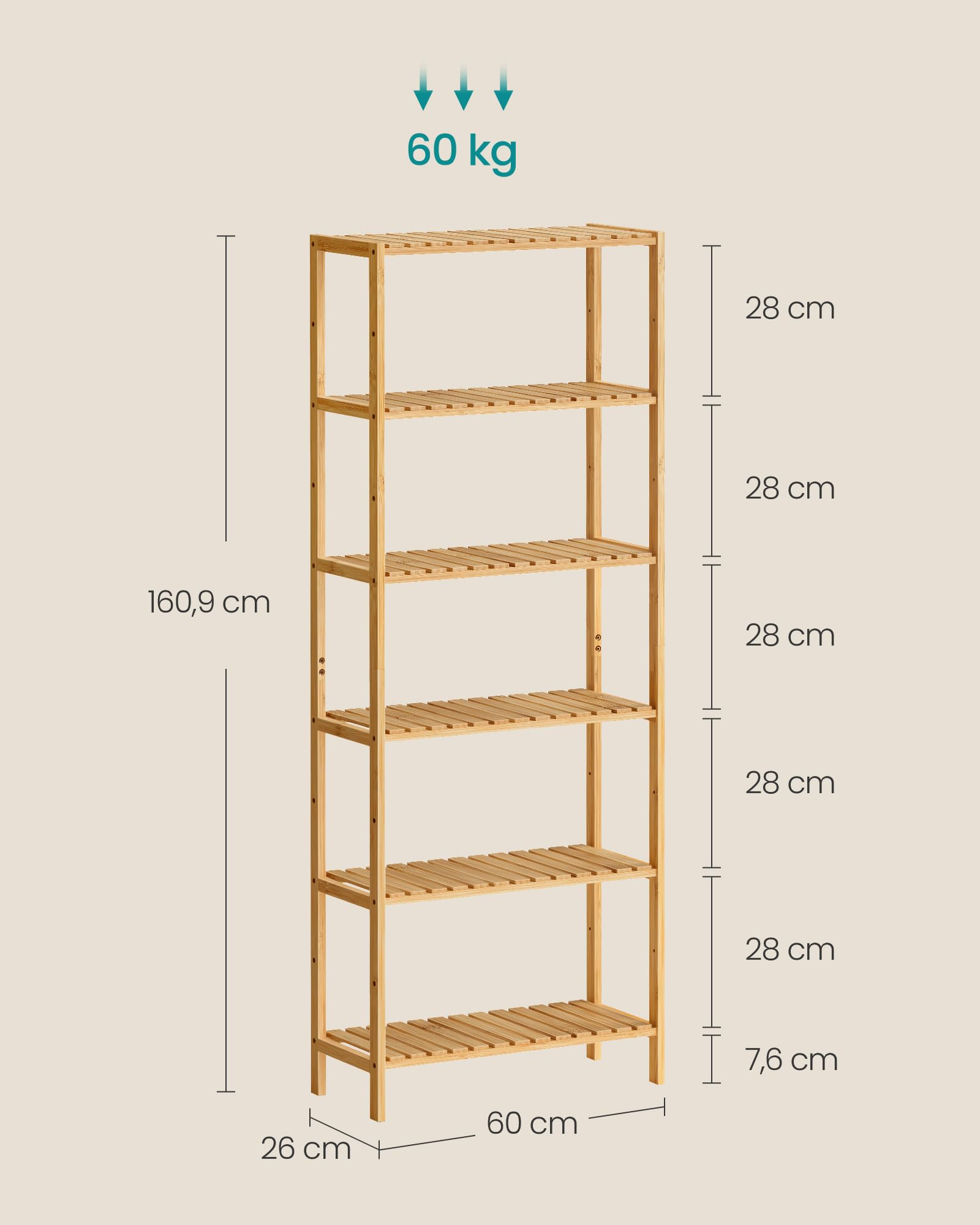 SONGMICS Regał Bambusowy, 6-Poziomowa Półka Łazienkowa, Regulowane Półki, Stojak na Rośliny, Szafka na Buty do Przedpokoju, 60 x 26,2 x 160,9 cm, Lekki Bambus, Kolekcja BAMBOU BCB036Y01