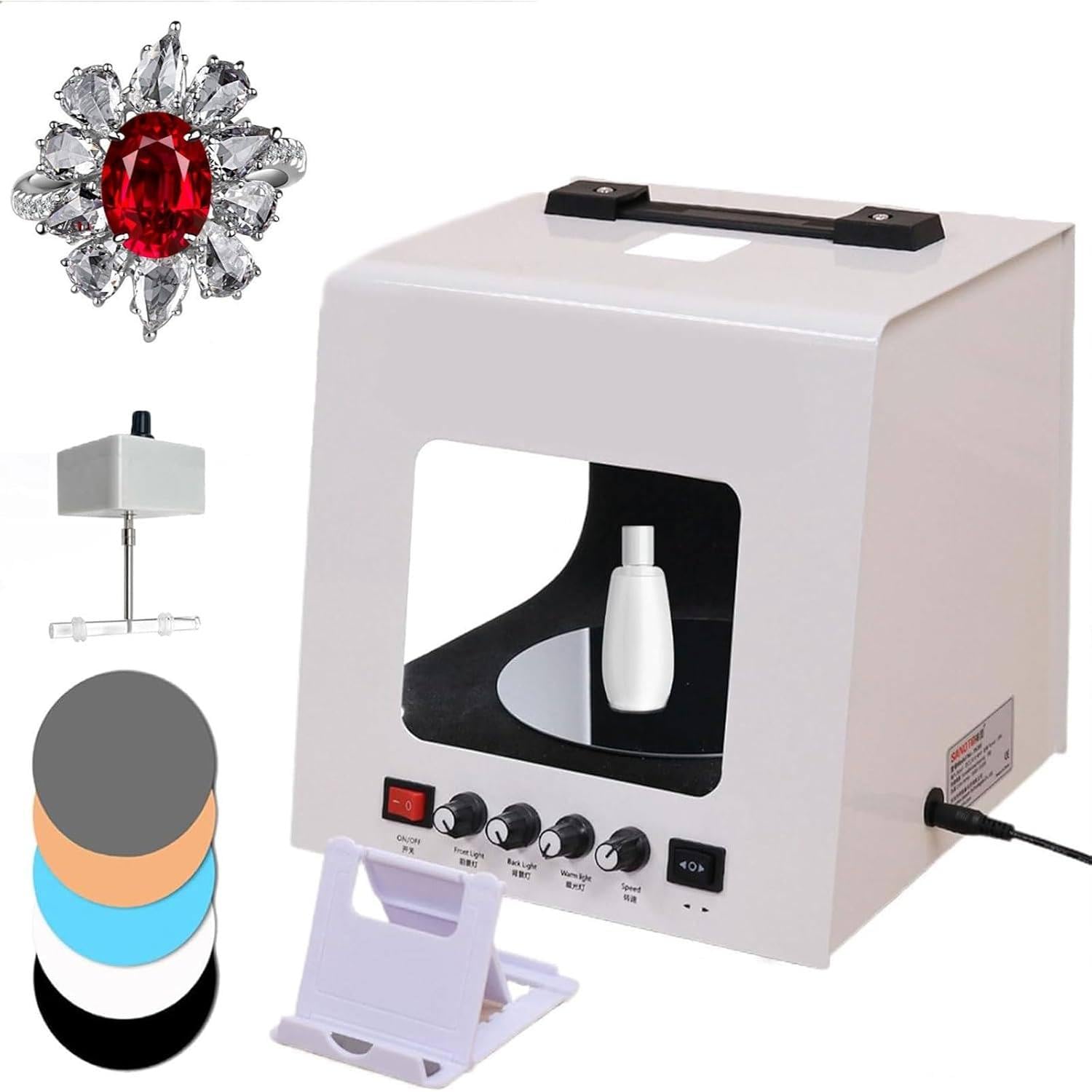 Zestaw Light Box Fotografii Biżuterii, Mini Studium Fotograficzne Softbox TB200 | Przenośne Studium Świetlne Do Zdjęć, Nośność 1kg, 360° Automatyczny Obrotowy Stolik
