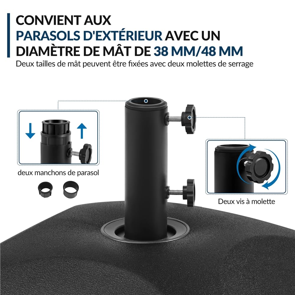 Yaheetech Pied de Parasol Carré à roulettes 37 L Remplissable d'eau Extérieur Base de Lestage pour Mât de 38 mm/48 mm Ø Patio Jardin Terrasse Piscine Restaurant Design Simple