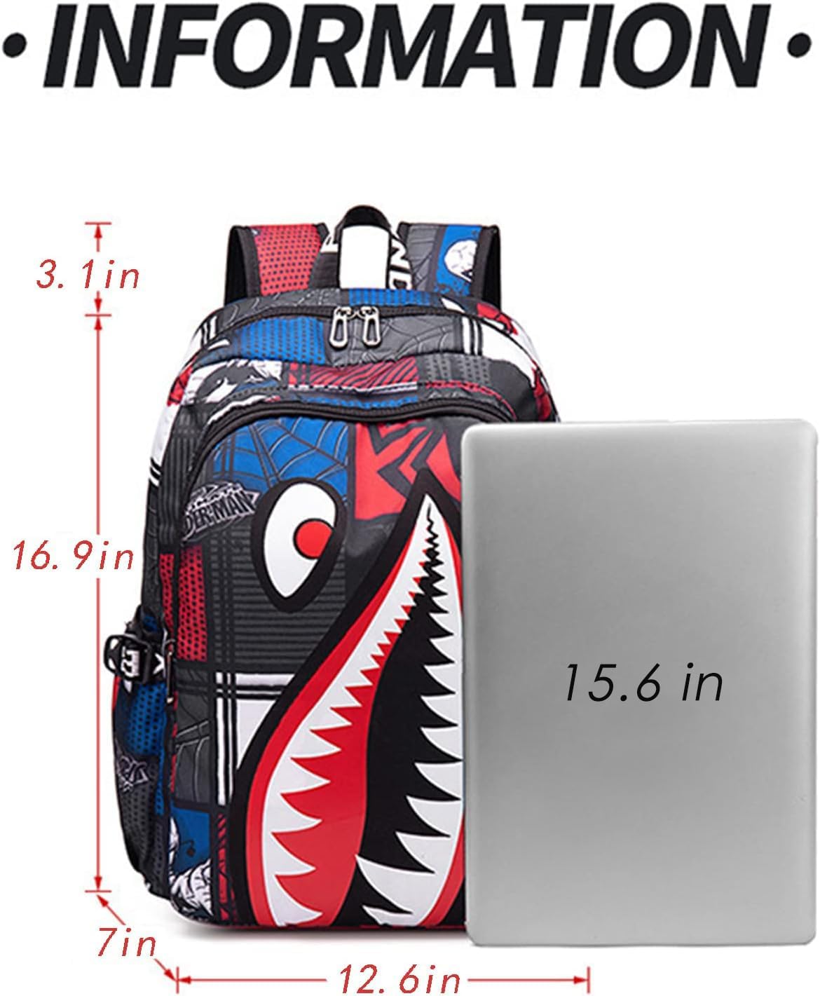 Shark Teens Backpacks Fashion Schoolbag Casual Waterproof Travel USB Laptop Backpack