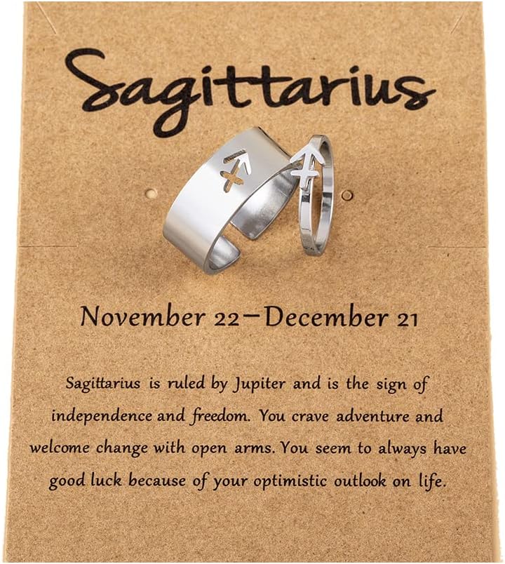 COLORFUL BLING 12 Constellation Astrology Zodiac Sign Rings With Message Card for Women Men Silver Stainless Steel Matching Couple Rings Friendship Birthday Gifts