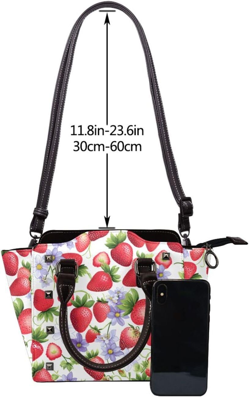 Leather Shoulder Bag for Women, Strawberries Flower Studded Purse Floral Fruit Crossbody Handbags Punk Hobo Bag with Adjustable Strap