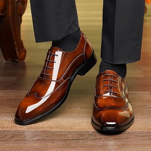 LSIGHTUS Men's Classic Leather Oxford Dress Shoes, Lace-Up Formal Tuxedo Breathable Wingtip Brogue Shoes for Men Comfortable Business Wedding Office Brown - Image 2