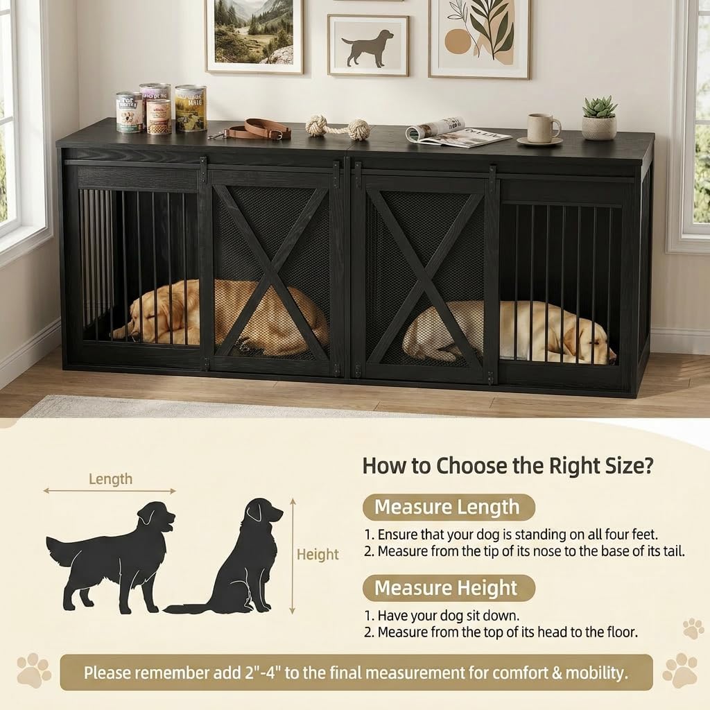 Cushore 94 Inch Double Dog Crate Furniture for 2 Large Dogs, Dog Kennel TV Stand Large Breed, Farmhouse Dog Cage Furniture with Center Divider, XXXL Dual Dog Crate Entertainment Center, Black