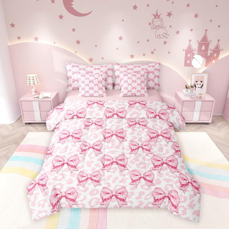 Manfei Pink Bow Full Bedding Set 7 Pieces,Princess Style Bowknot Fairy Tale Dreamy Comforter Set with Sheets for Girls,Kawaii Pink Leopard Fur Print Bow-tie Bed Set in a Bag with Pillow Covers