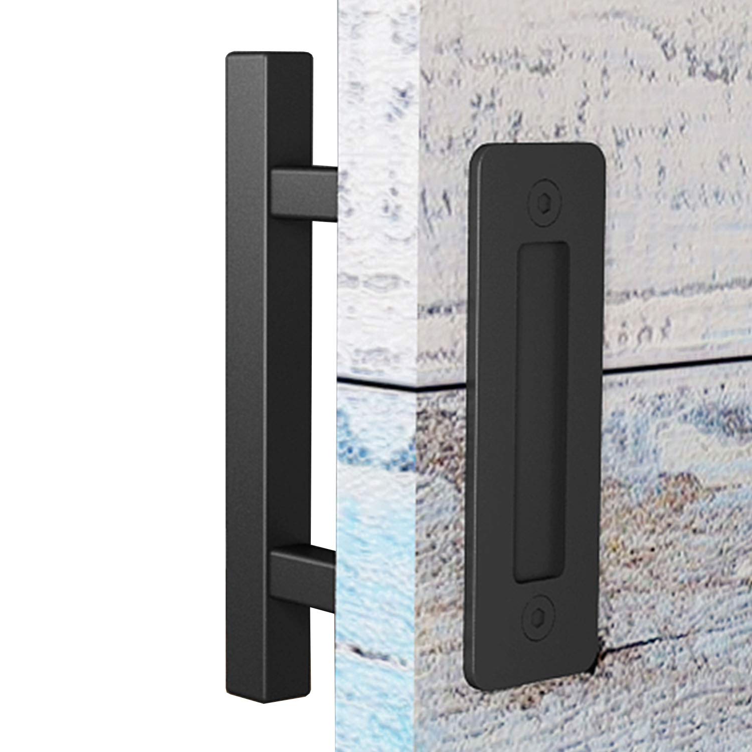 EaseLife 10" Sliding Barn Door Pull Handle with Flush Hardware Set,Heavy Duty,Solid,Square,Rustic Style,Black Powder Coated Finish,Easy Install