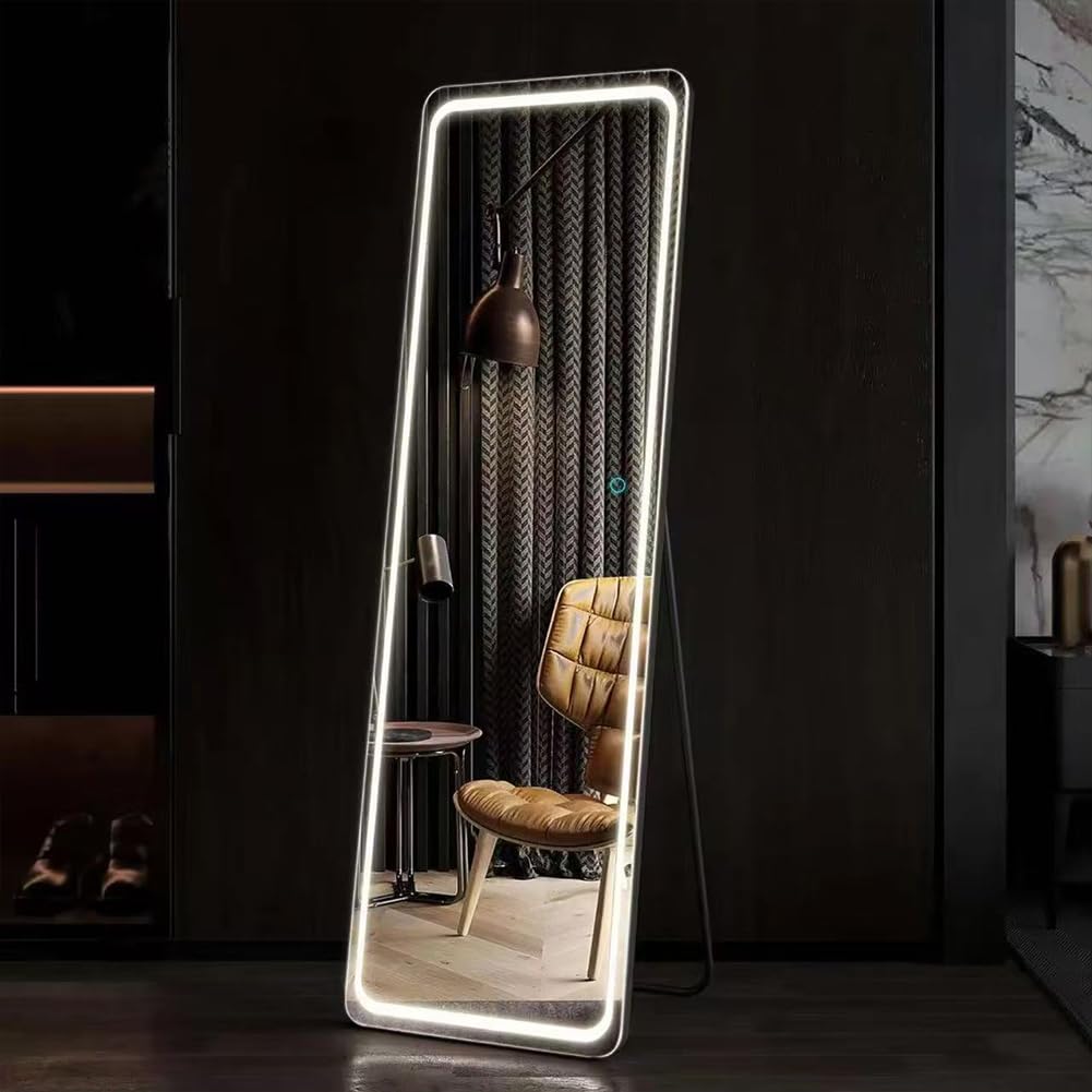 Shally Dogan Specchio da Terra Figura Intera con Luci Led e Pulsante Touch, Stand da Pavimento Struttura Alluminio Resistente con Illuminazione Dimmerabile Bianco Freddo, Caldo e Naturale, 160 x 50 cm