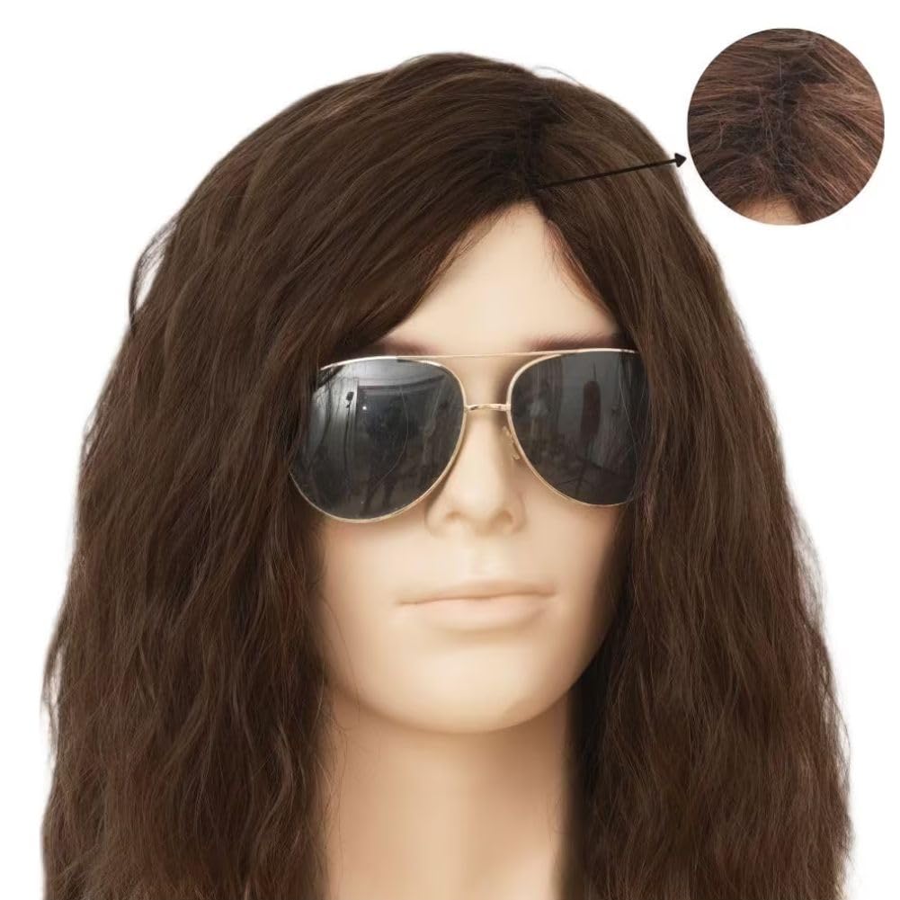 Brown Long Curly Wigs for Men 70s 80s Fluffy Rocker Hair Wigs Synthetic Daily Cosplay Halloween Male Wig