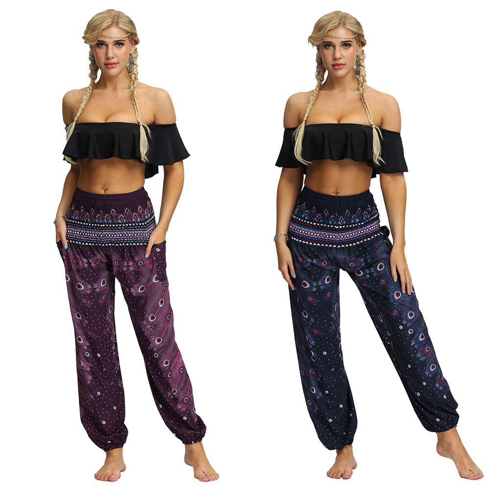 LANDENG Women's Hippy Pants Loose Feather Print Bohemian Patterned High Waist Slimming Waist Thin Peacock with Yoga Summer Beach Pocket Dark Casual Pants