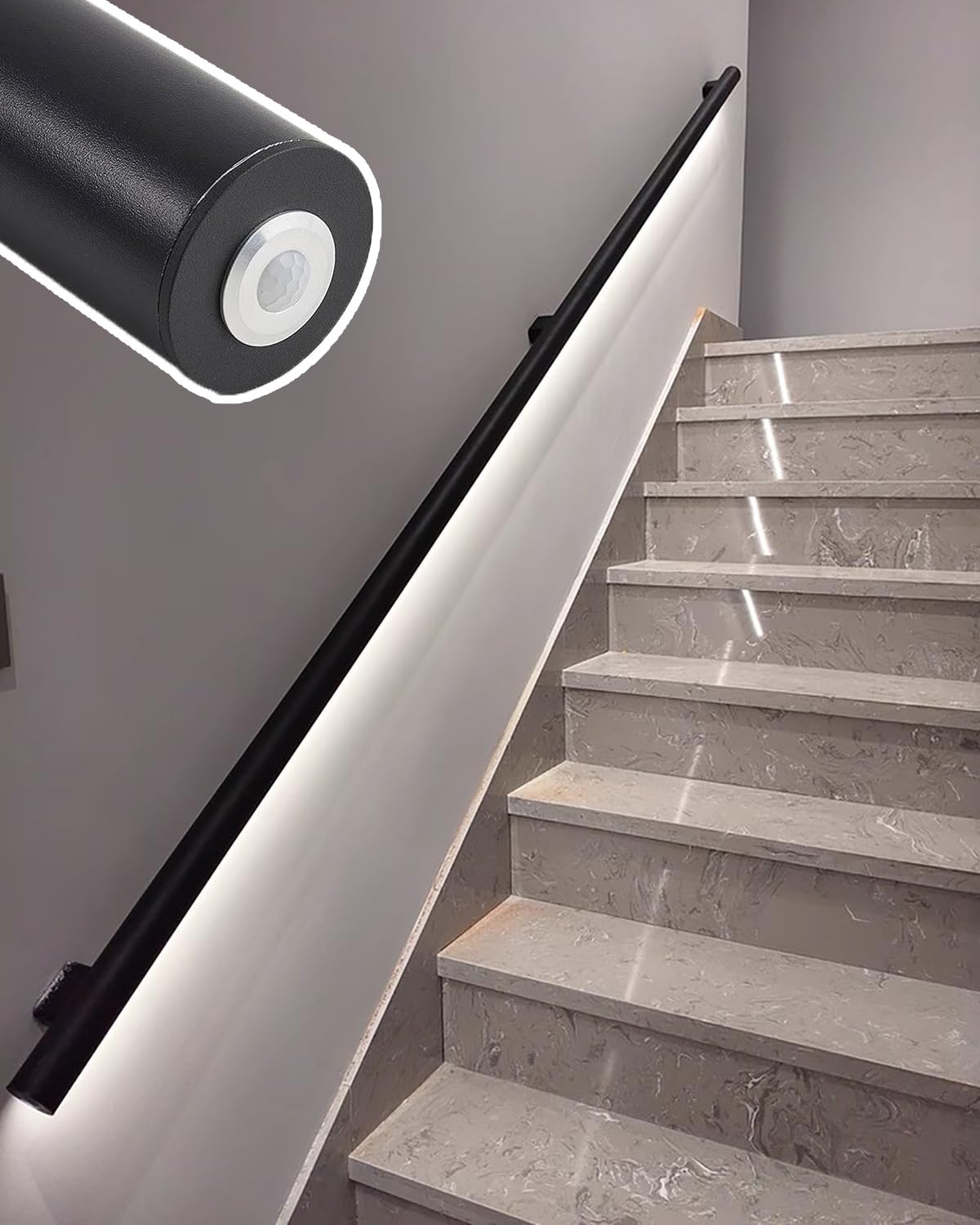 Jievmrs Stair Handrail with Led Motion Sensor Light, Matte Black Handrails for Indoor Stairs, Wall Mount LED Stair Light Kit for Staircase/Aisle(Left,3.8m/12.5ft)