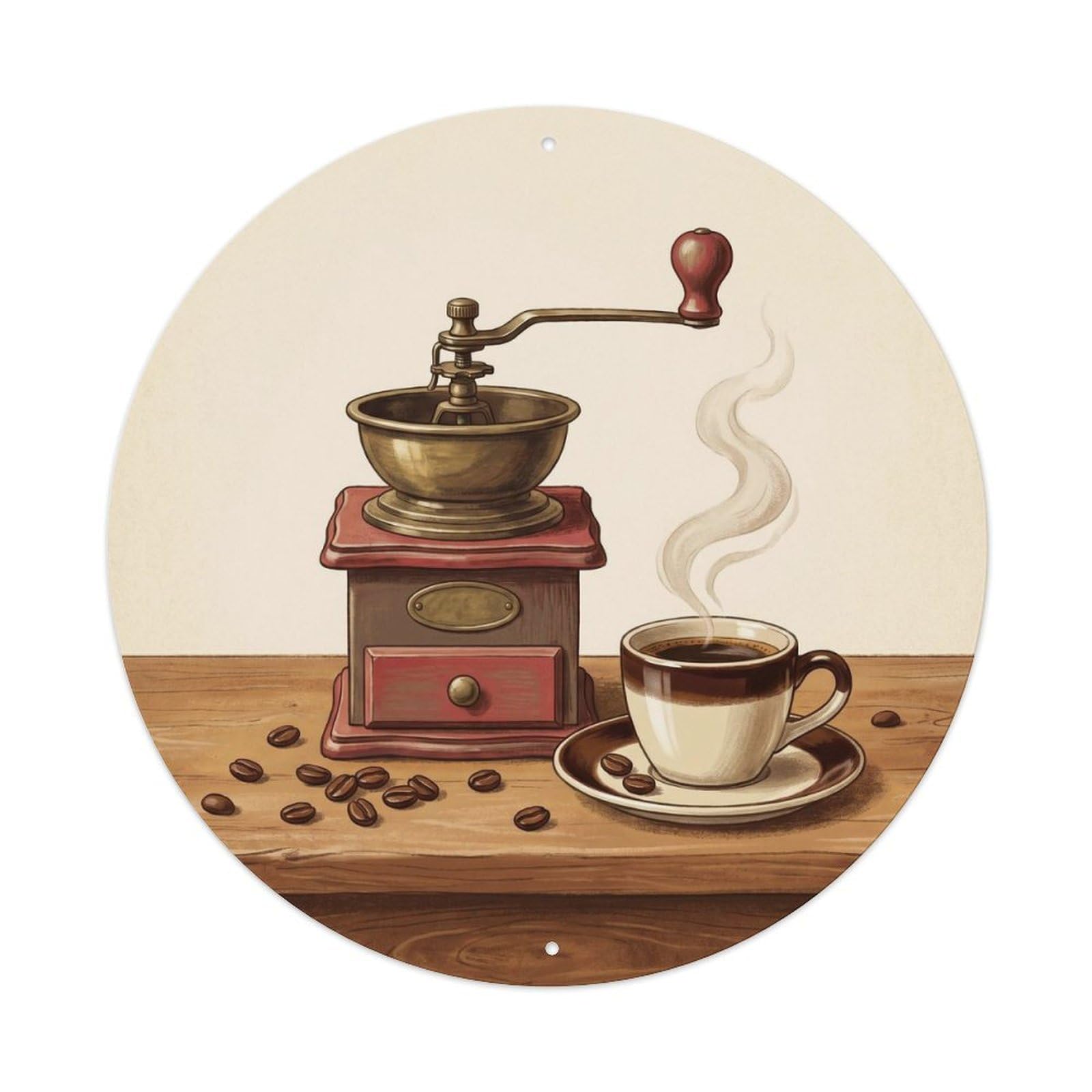 Vintage Manual Grinder Espresso Coffee Beans Rustic Wreath Metal Tin Sign Plaque Wall Decor for Cafe, Man Cave, Club Bar, Office, Home Garden Round Metal Poster 8x8Inch