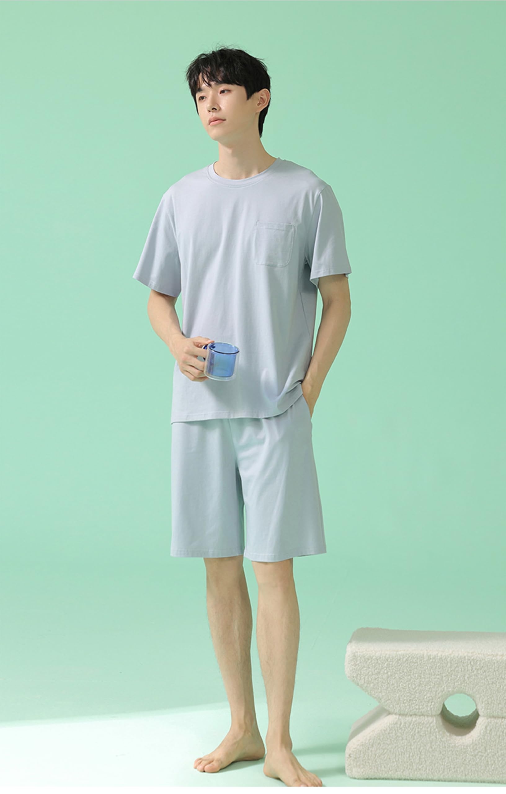 Herren-Pyjama-Set, 2-teilig, Sommer, kühles Gefühl, kurzärmelig, kurze Hose, einfarbig, dünner Abschnitt, Homewear Set