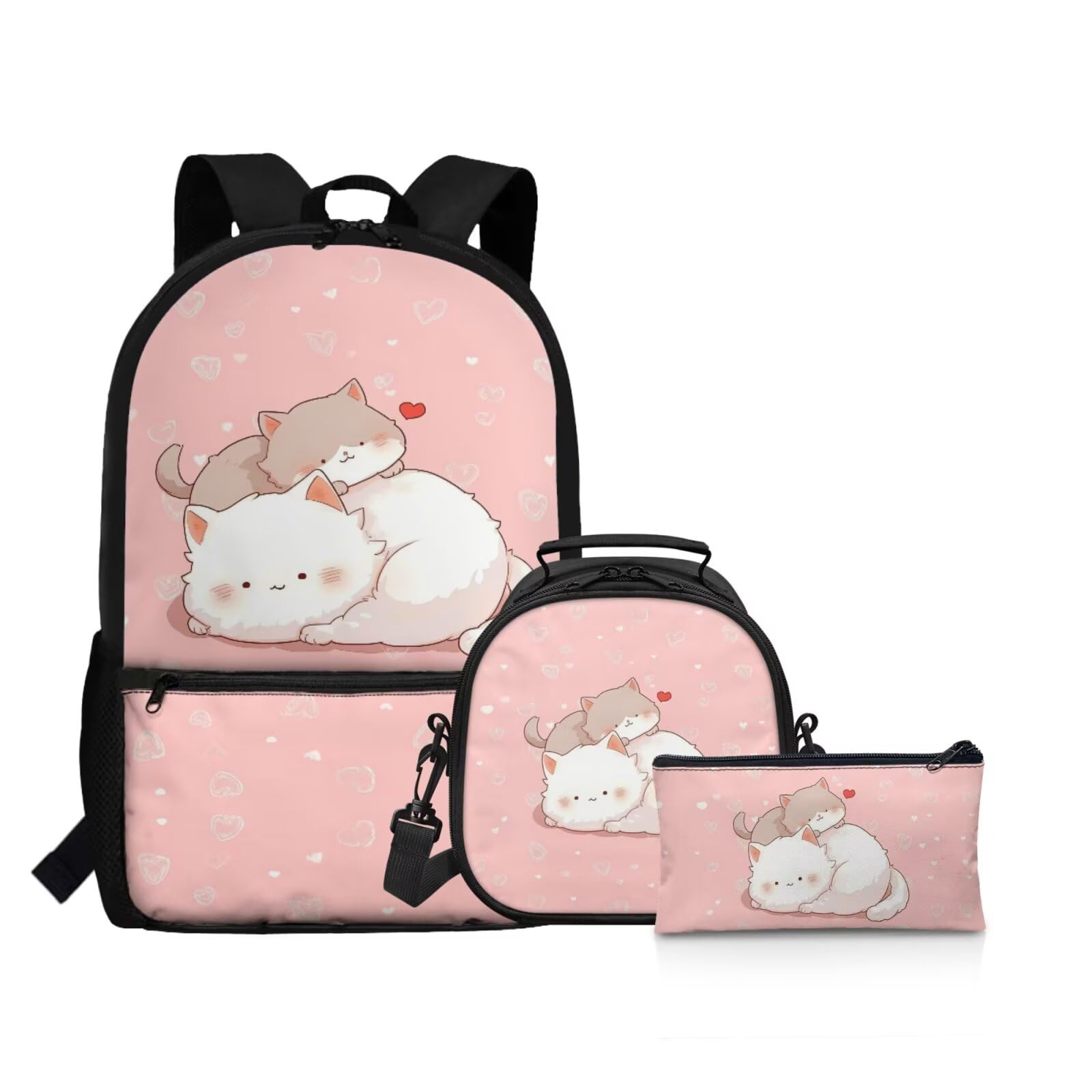 Showudesigns Cute Cat Backpack for School Girls Elementary Bookbag with Lunch Box and Pencil Case Pink School Bag Back Packs Set Of 3 Preschool
