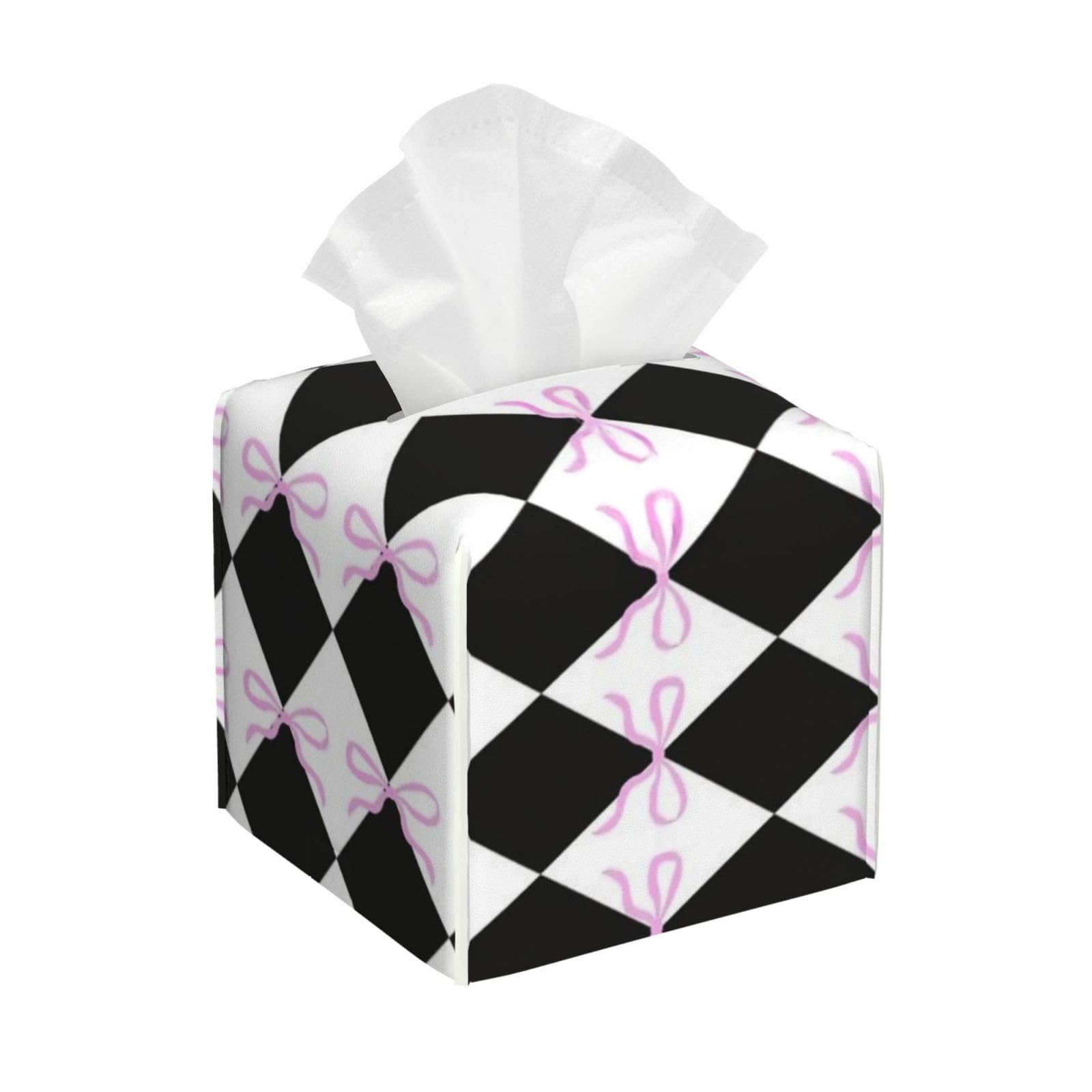 Diamonds and Bows Tissue Box Cover 5" Square Leather Tissue Holder Facial Tissue Case for Tabletop Bedroom Bathroom Desk Decor