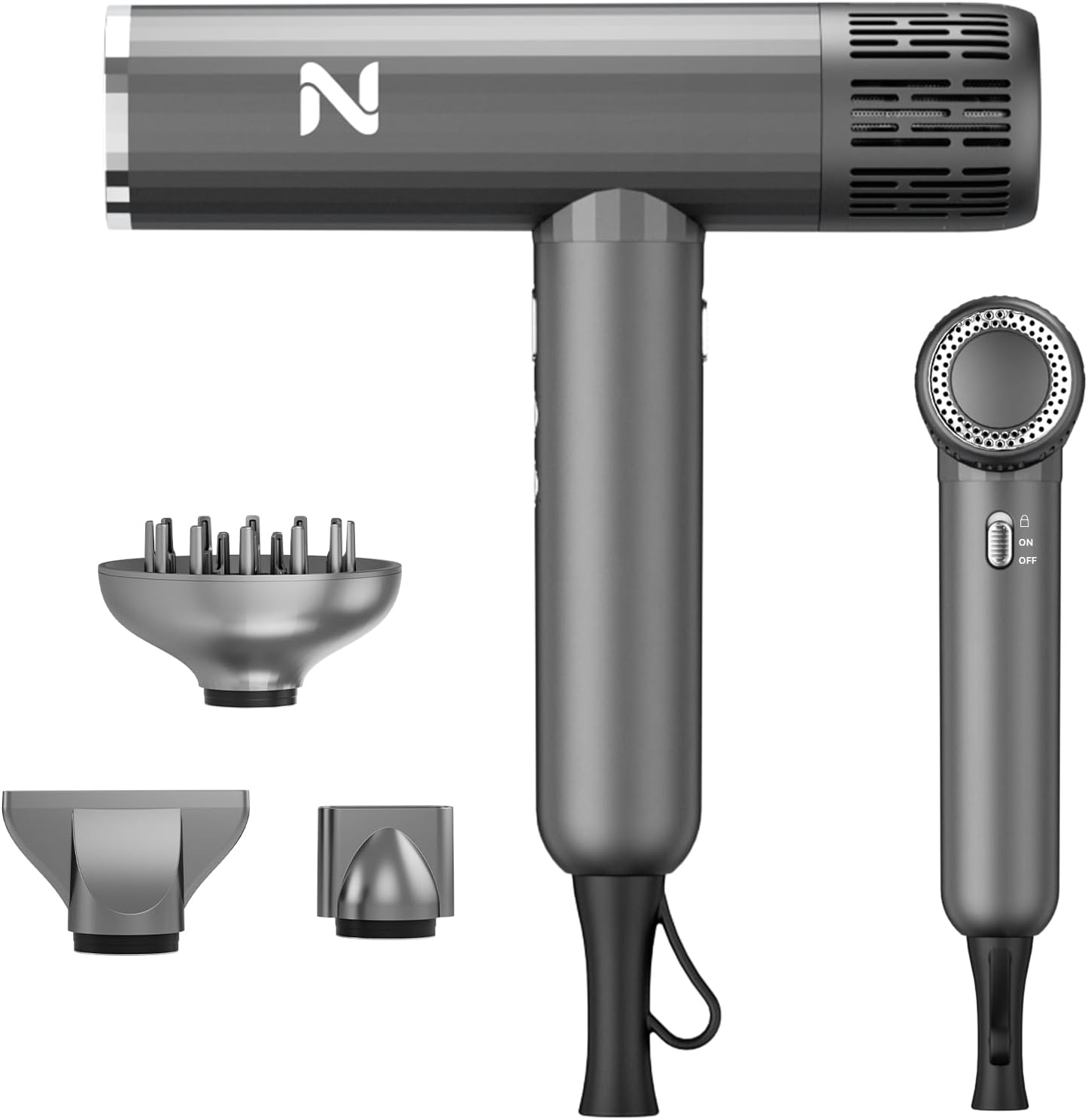 Natrial Ionic Professional Hair Dryer with Diffuser for Curly Hair,1600W&110000RPM High Speed Blow Dryer for Women,Fast Drying,Lock Function,Low Noise,Lightweight for Home Travel Salon,Grey&Silver