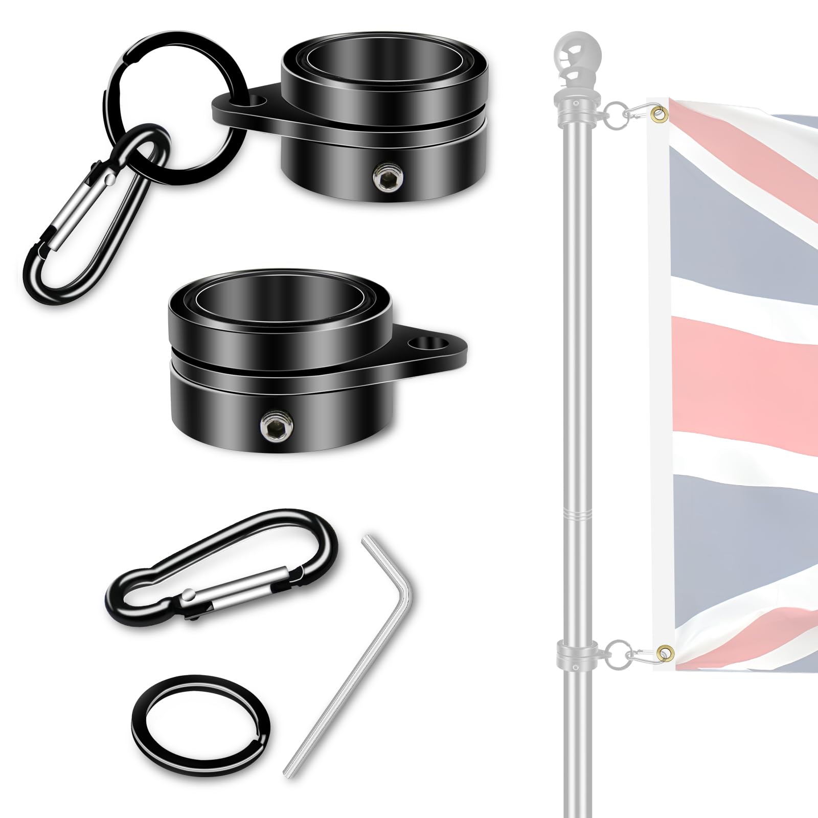 NQ Flag Pole Rotating Rings for 1.9~2.5CM Diameter Pole, Aluminum Alloy Tangle Free Flagpole Rings, Flag Pole Accessories (Black, 2PCS)