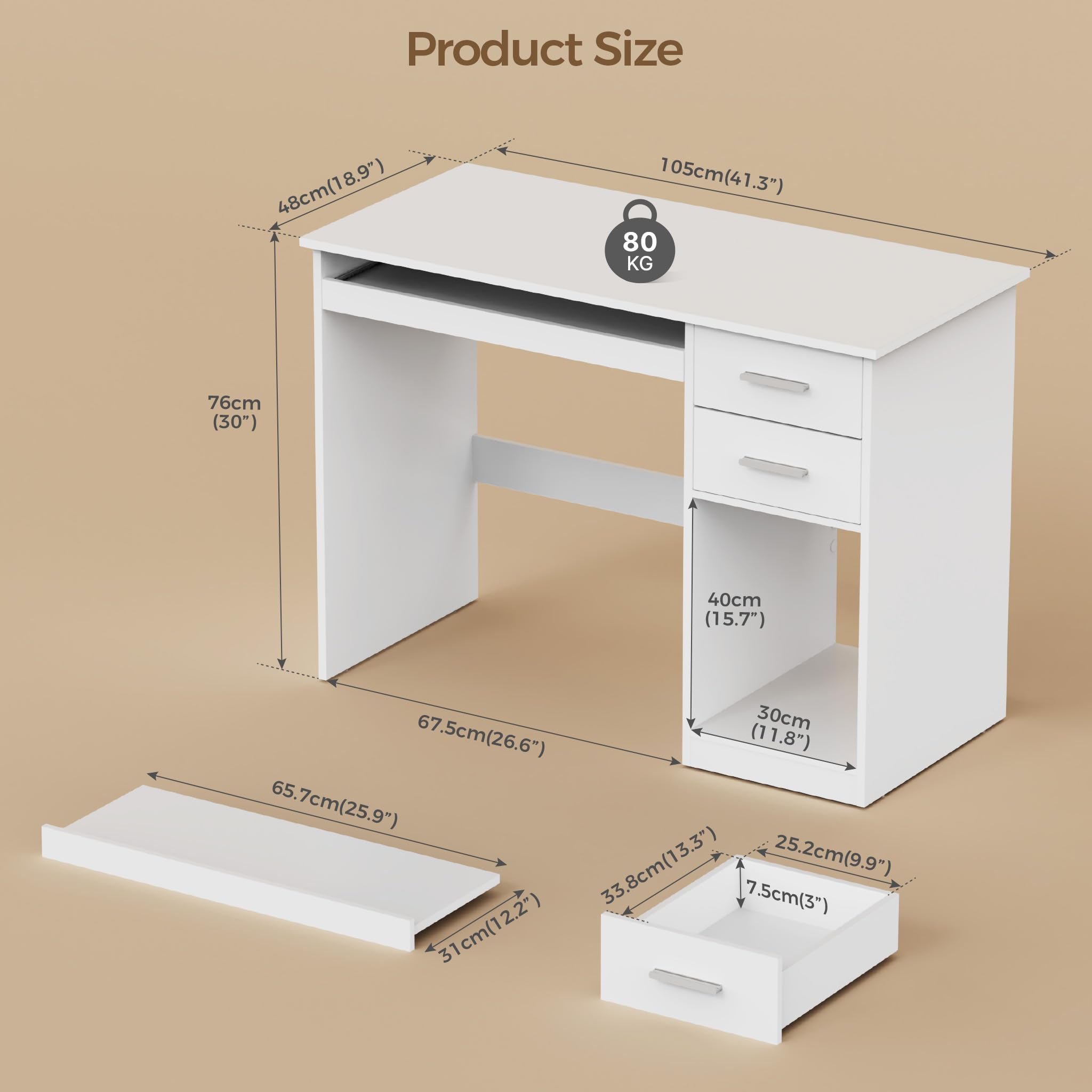Mondeer Schreibtisch mit 2 Schubladen, 105 x 48 cm Computertisch mit Tastaturauszug, Bürotisch Moderner für Büro Heimbüro Arbeitszimmer Schlafzimmer, Weiß
