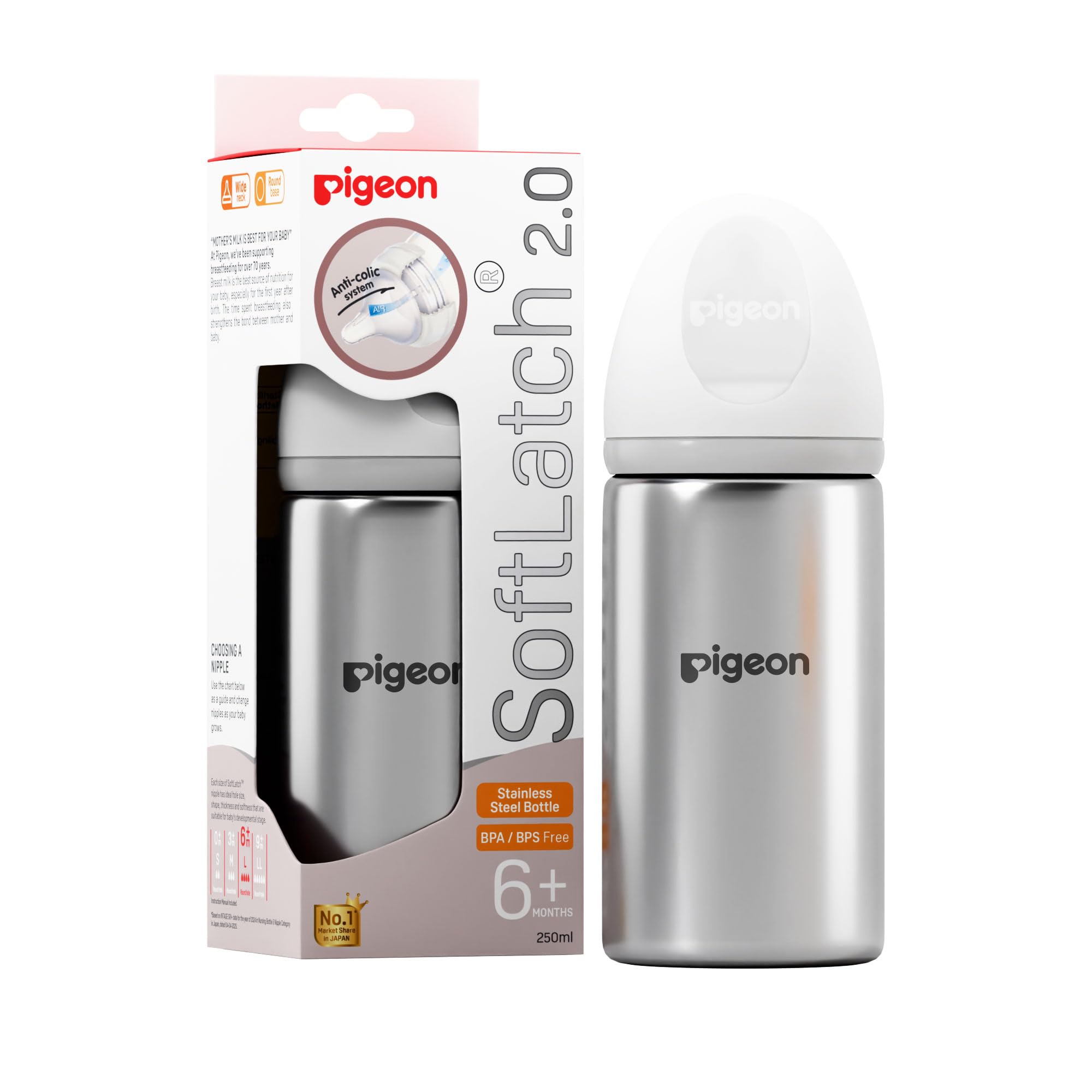 Pigeon Softlatch 2.0 WN2 Stainless Steel Feeding Bottle 150ml | Wide Neck | BPA Free | Anti-Colic Baby Bottle | 9+ Months-image-7