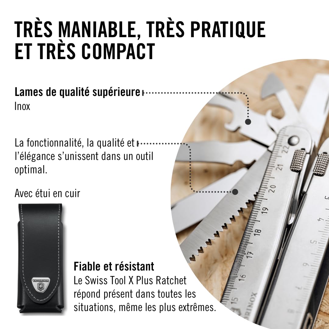Victorinox Swiss Tool X Plus Ratchet Couteau de Poche Suisse, Multitool, 38 Fonctions, Tire Bouchon, Lame Fixe, Etui, Argent