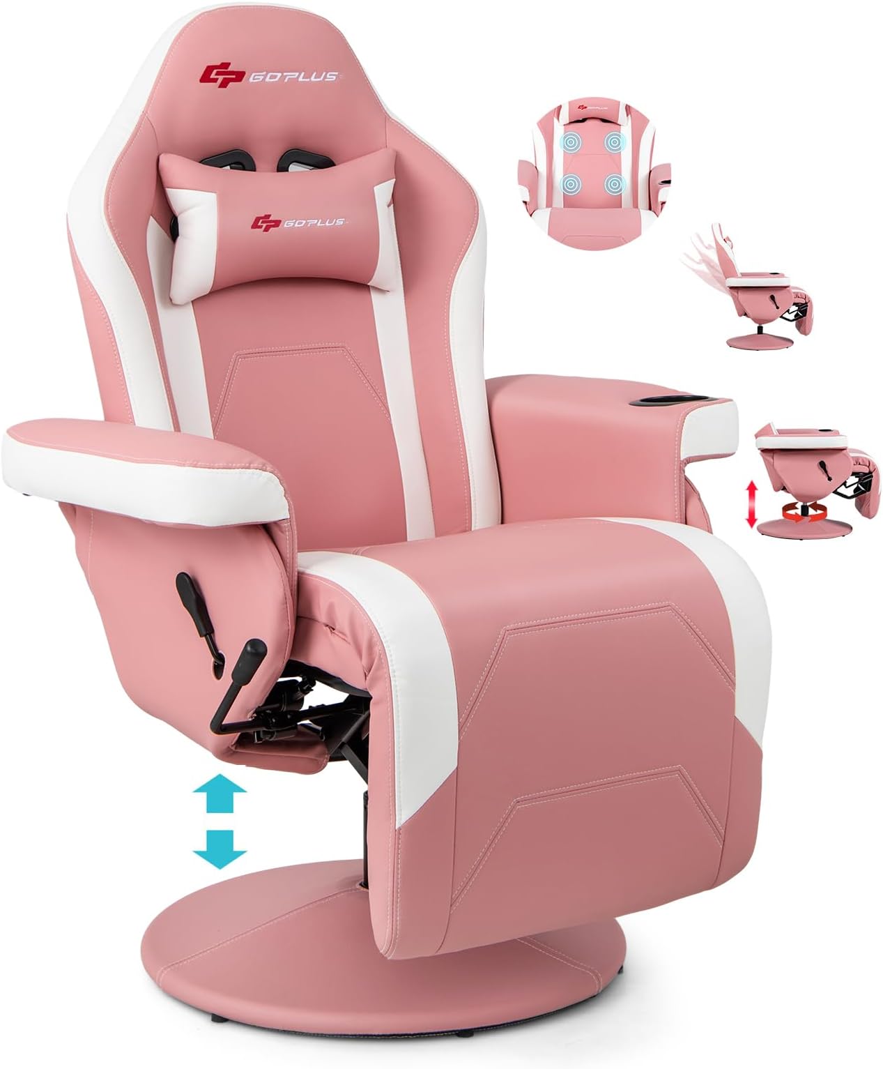 POWERSTONE Gaming Recliner, Adjustable Massage Gaming Chair with Cup Holder Footrest Ergonomic Single Sofa Living Room Home Theater Seating with Side Pouch (Pink)