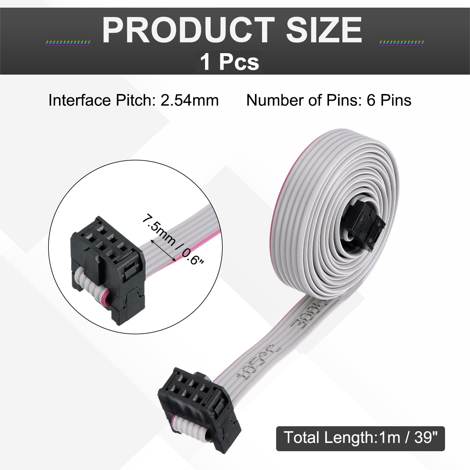 sourcing map 1 cavo a nastro piatto con connettore IDC, 6 pin, passo 2,54 mm, lunghezza 1 m, FC a FC doppio femmina, cavo a nastro piatto per elettronica industriale, grigio