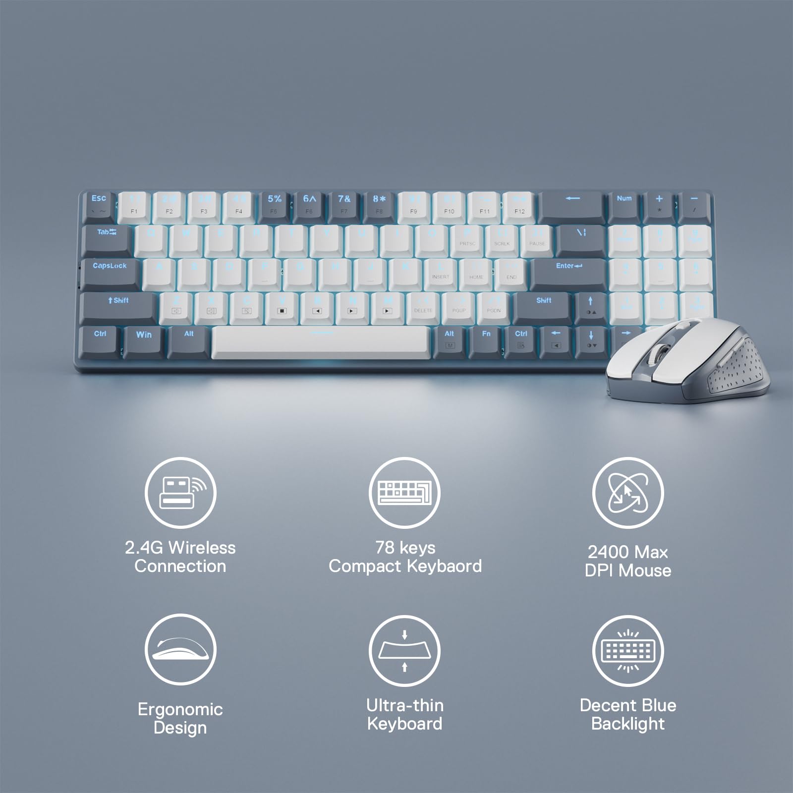 Redragon BS135 Kabellose Tastatur- und Mauskombination, 75% 78 Tasten 2,4 GHz mechanische Tastatur mit niedrigem Profil, wiederaufladbare Batterie, blaues Schwarzlicht, ergonomische Maus mit 2400 DPI
