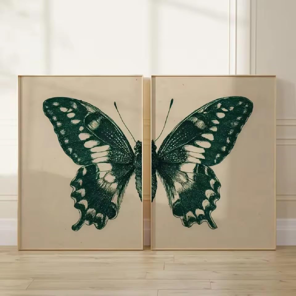 MAIMANG 2 lienzos pintados, 2 pósteres retro para decoración de pared, pósteres de estilo retro, así como mariposas verdes y beige (40x60cmx2/marco interno)