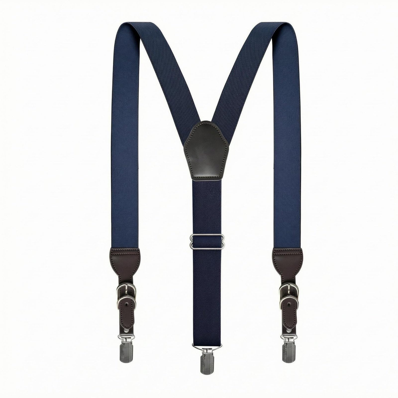 MYADDICTION Elastic Strapping Adjustable Y-Back Suspenders Leather Reinforced Heavy Duty Clip Suspenders Metal Clips Suspender Braces Stitched Connector for Workwear, Casual Wear, Navy Blue-image-13