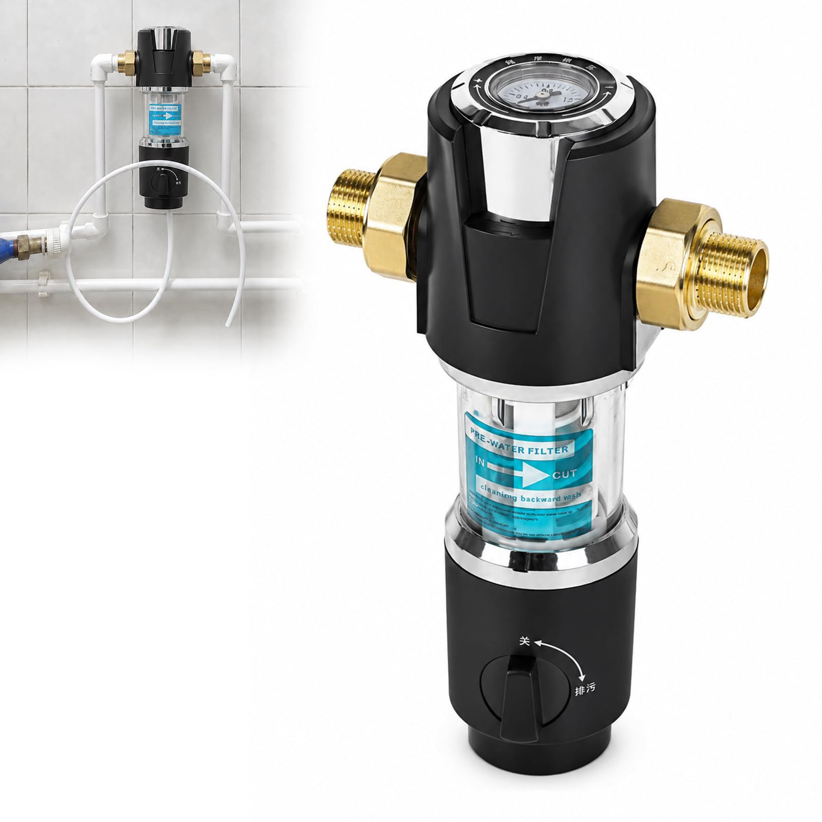 Filtro dell'acqua domestica con manometro, prefiltro in ottone da 40 micron, riduttore di pressione, filtro dell'acqua con filtro in acciaio inox per scaldabagno, lavatrice (2,5 cm)