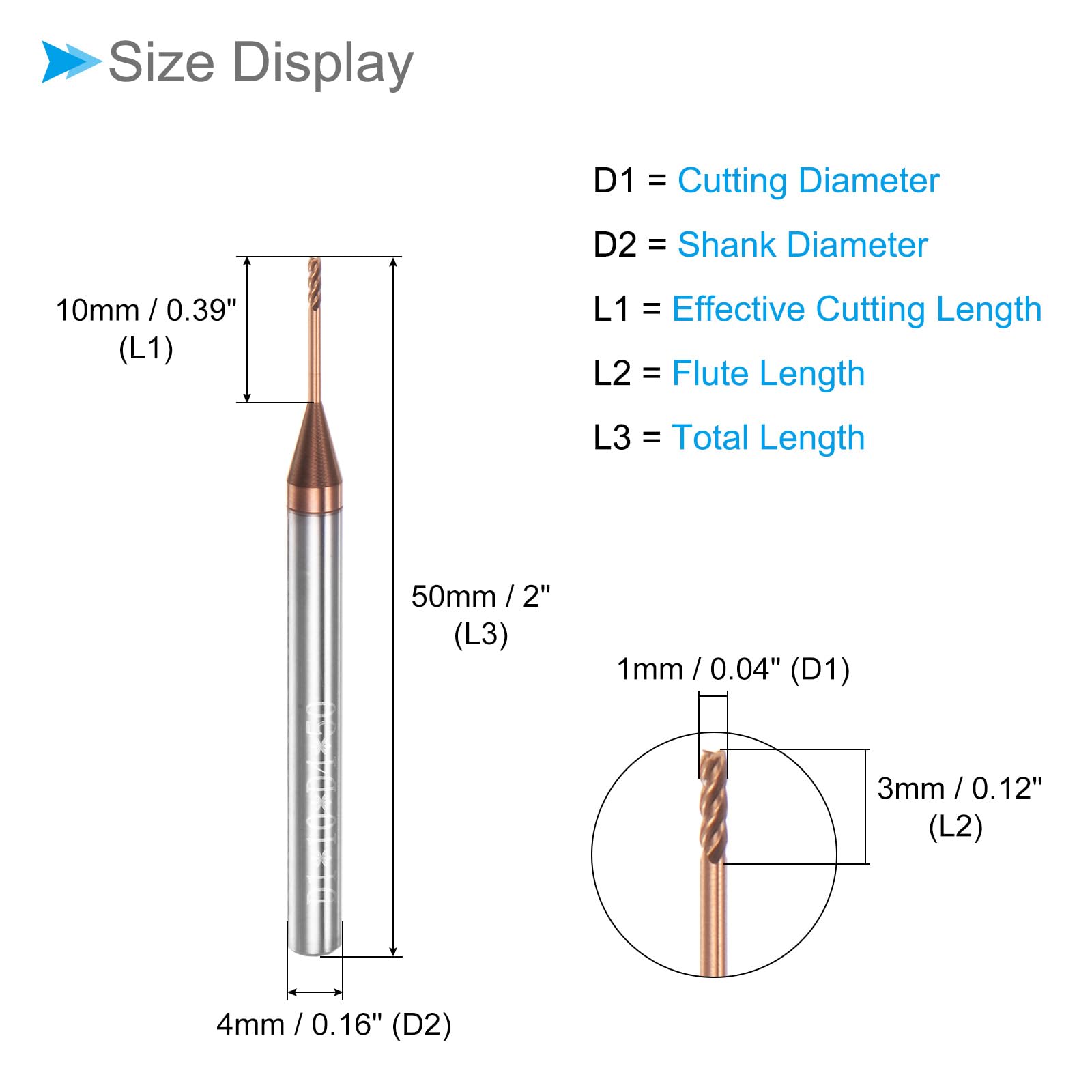 Fraise à Bout Carré, Coupe de 1mm x 10mm, Longue Portée, Revêtement en Carbure de Titane (Nano-Échelle) 4 Flûtes pour Fraiseuse CNC, 2 Pièces