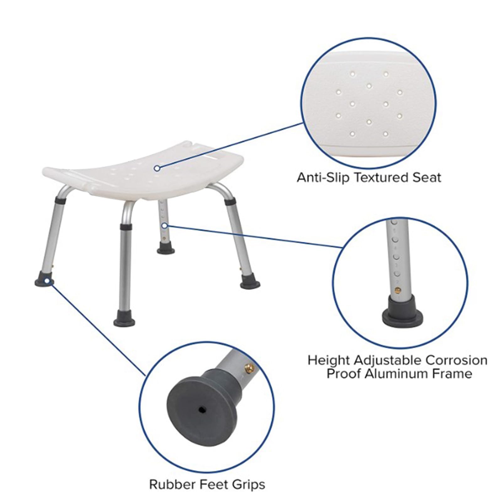 Silla de ducha, asiento de ducha ajustable en altura con orificios de evacuación asiento de baño en forma de U con patas antideslizantes, para el cuarto de baño