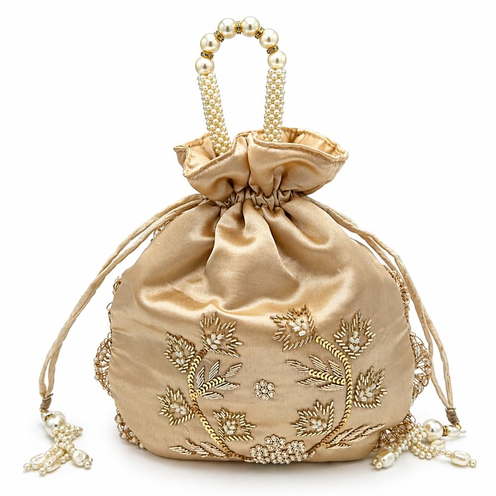 Amayra Luxe Hand Embroidered Art Silk Potli Bag for Women | Pearl Handle Drawstring Ethnic Clutch Pouch | Wedding Party Festive Traditional Handbag - Beige