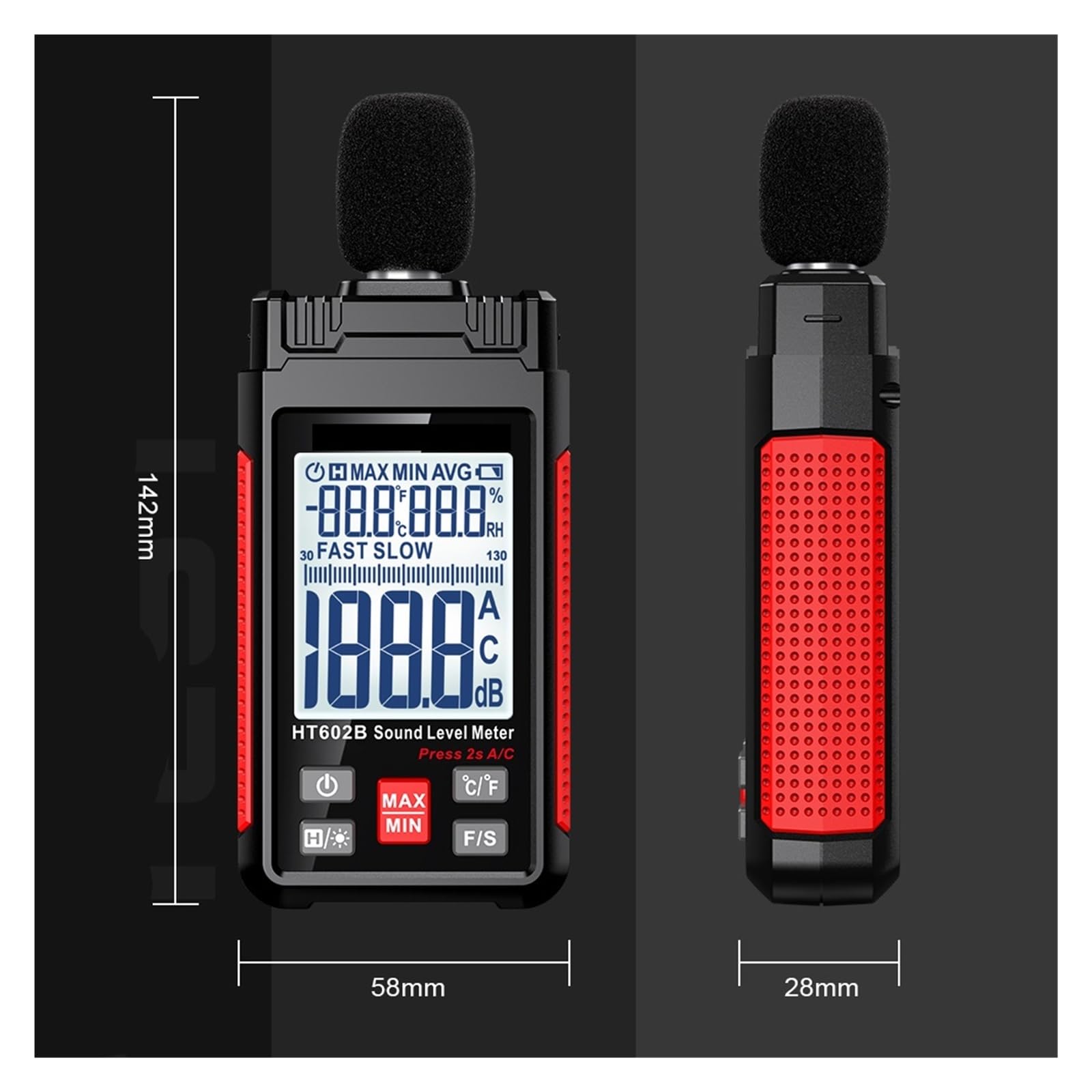 HT602 Fonometro Digitale Palmare Db Meter Misuratore di Livello di Rumore 30-130dB Decibel Mini Fonometro(HT602B)