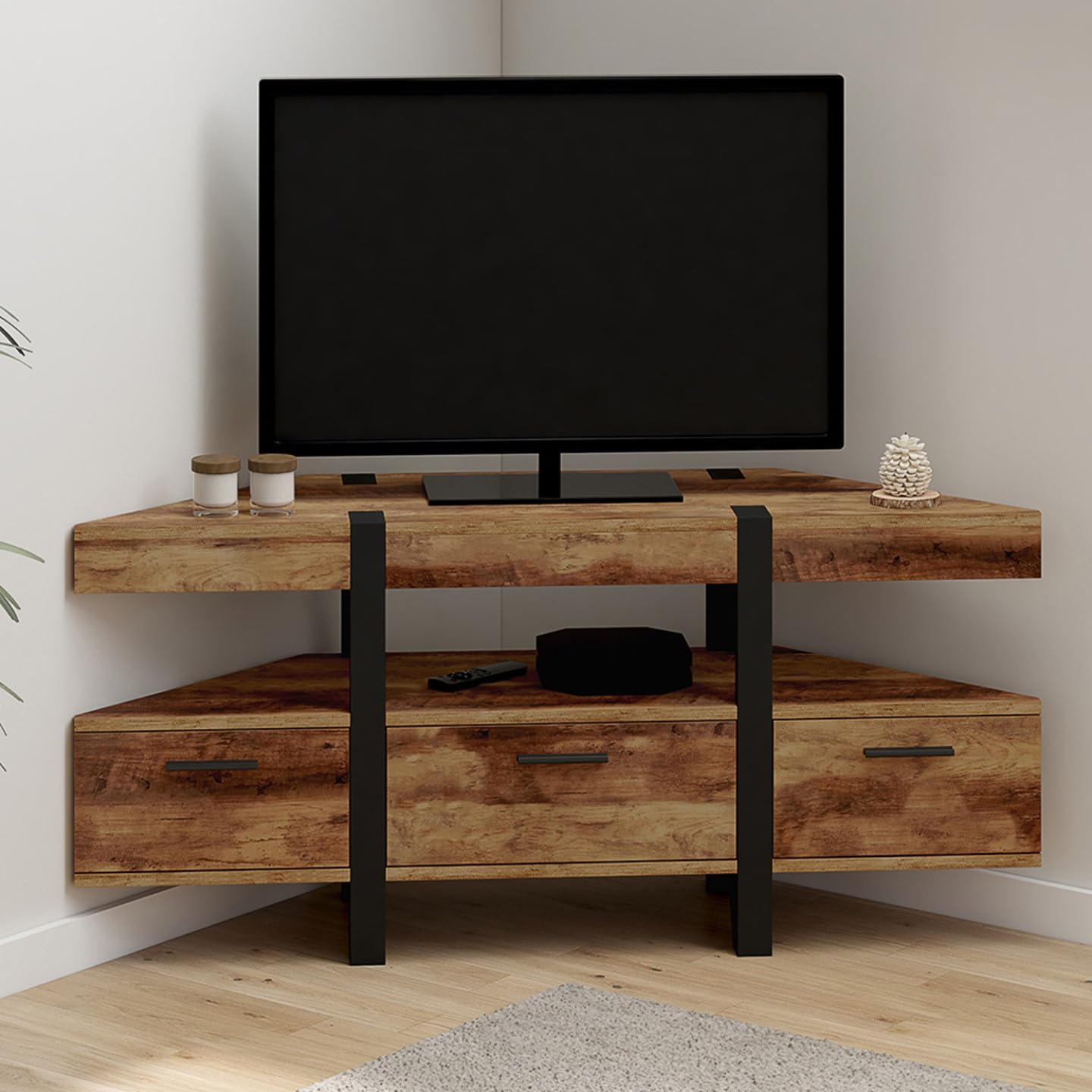 IDMarket - Mobile TV angolare in legno AUSTRIA 110 cm con gambe a perno e cassetti