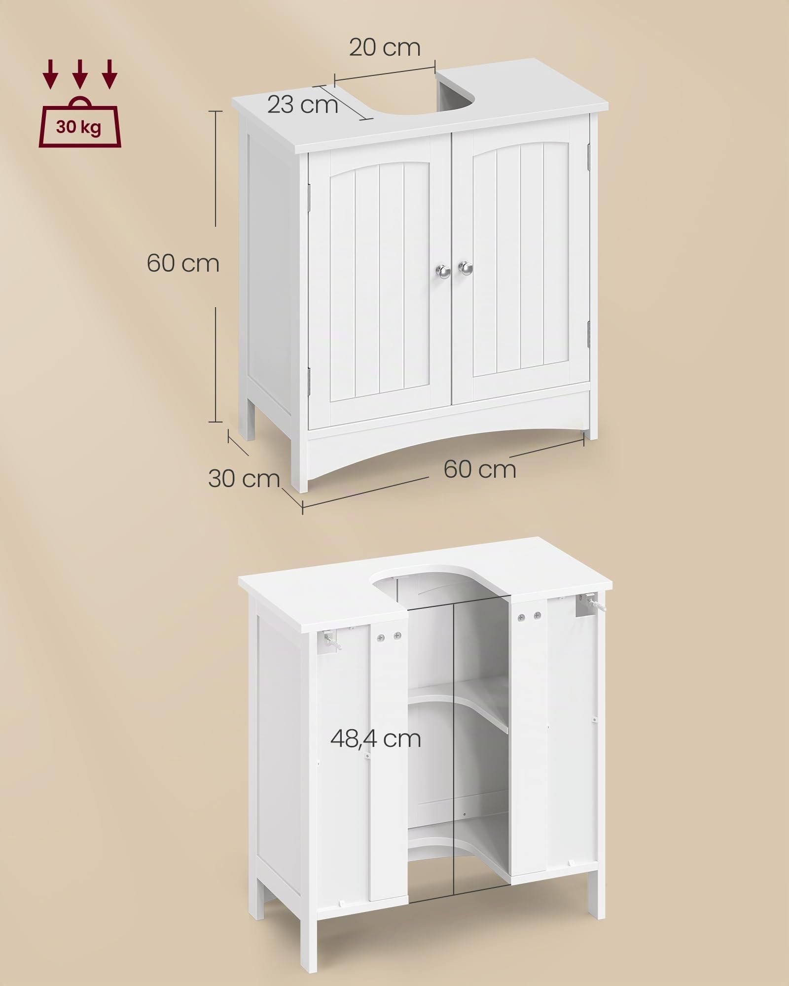 VASAGLE Meuble sous Lavabo, avec 2 Portes, Meuble sous Vasque, Étagère Réglable, Beaucoup d’Espace de Rangement, Style Campagne, 30 x 60 x 60 cm, Blanc Nuage BBC100WH01
