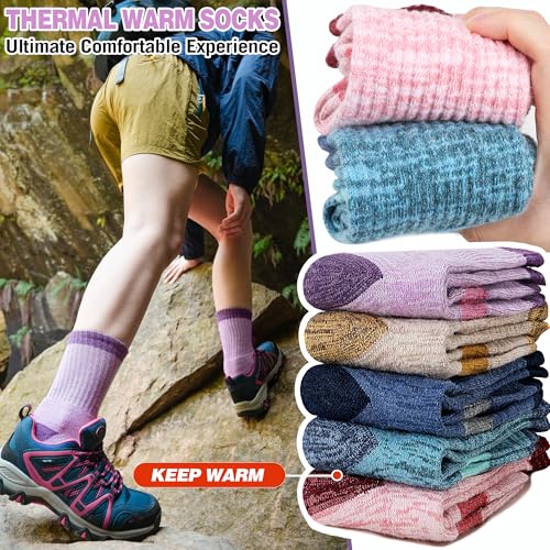 Merino Wool Hiking Socks Thermal Warm Winter Cozy Cushioned Moisture Wicking Crew Socks for Women 5 Pairs4