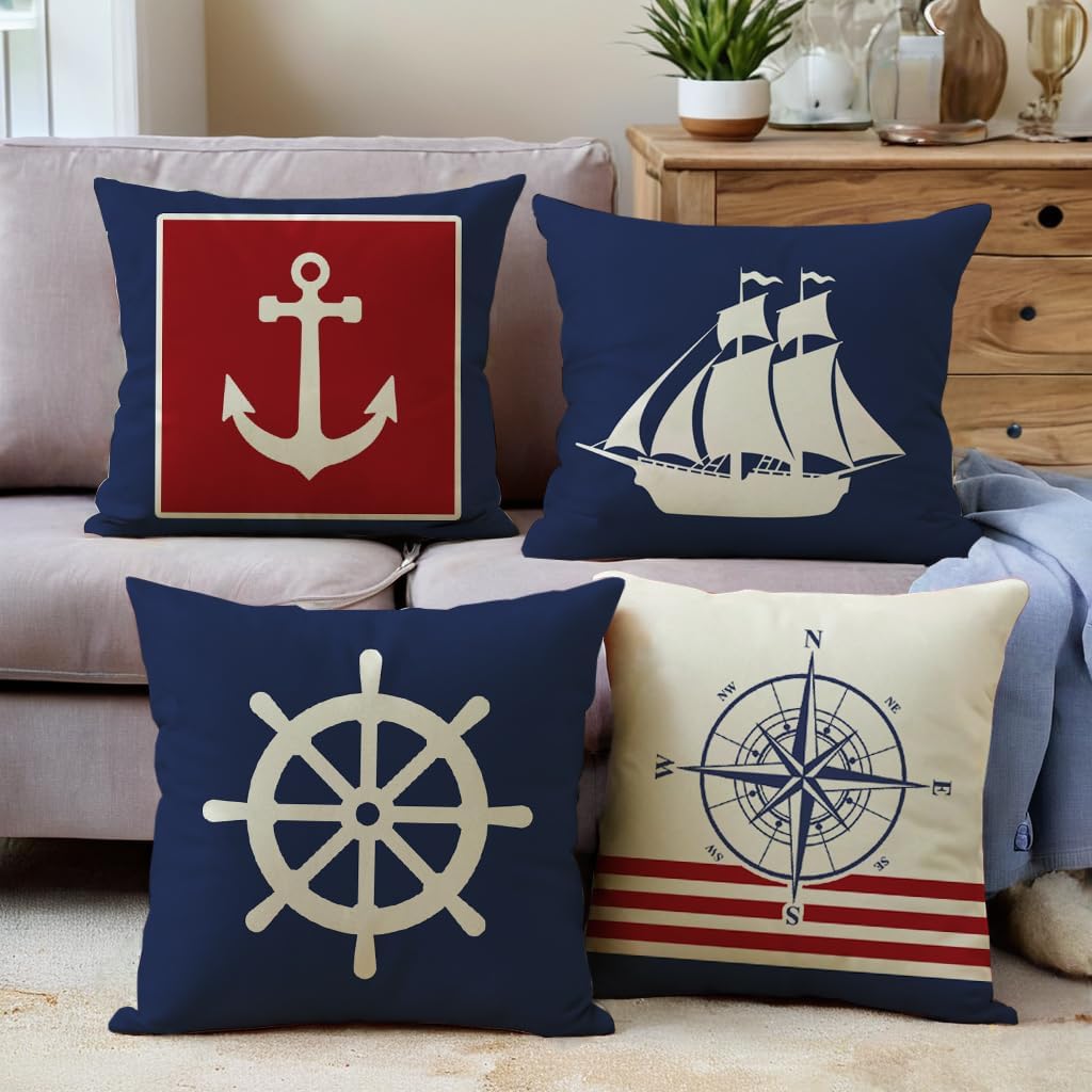 Summer Nautical Throw Pillow Covers Anchor Sailboat Compass Rudder Coastal Ocean Decorative Pillow Cases Navy Blue Home Decor Cushion Covers 18x18 Inches 4Pack for Couch Sofa Porch (Navy/Red) - Image 6
