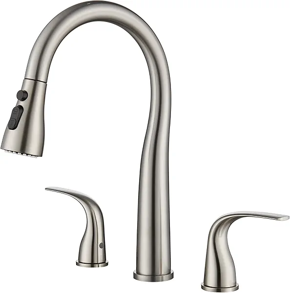 TIORIY 3 Hole Kitchen Faucet with Pull Down Sprayer, Brushed Nickel, Double Handle High Arc Faucet for Kitchen Sink with 3 Mode Spray, Stainless Steel, T-3005BN