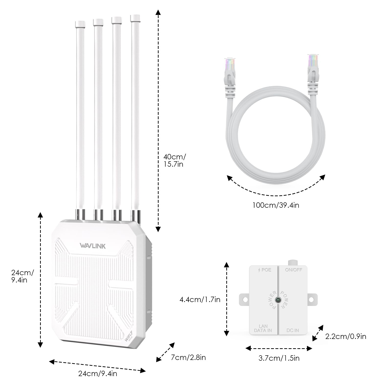 Router WiFi 7 WAVLINK Exterior BE5100 Mesh, Repetidor, Punto de Acceso, IP67 Impermeable, Protección Antirrayos 4KV, PoE Activo/Pasivo, Antenas 8dBi, Largo Alcance para Zonas Rurales y Empresas