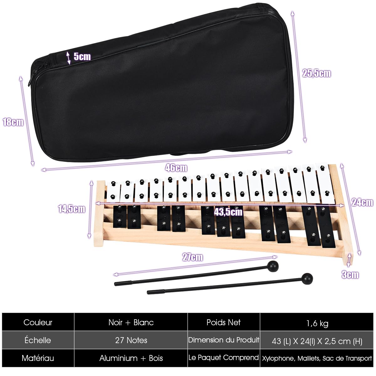 COSTWAY Xylophone à 27 Notes en Aluminium avec 2 Maillets & Cadre en Bois, Chromatique Glockenspiel avec Sac de Transport, Instrument de Percussion pour Adultes et Enfants