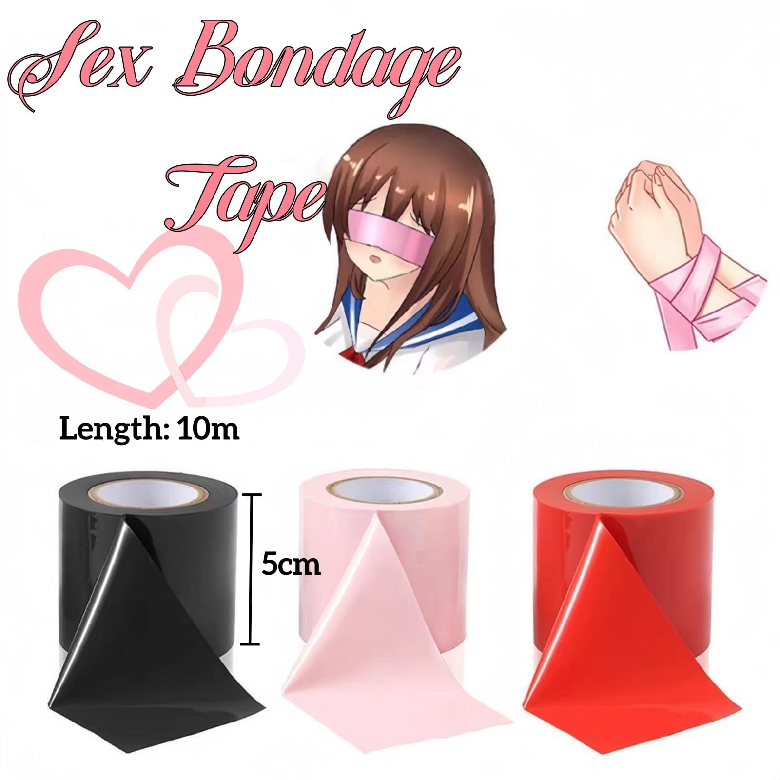 3 Pezzi Corde Bondage Versatili, Set Nastri Bondage, Nastro Adesivo, 5 cm di Larghezza, 10 m di Lunghezza, Non Adesivo, Antitraccia e Traspirante, per Giochi di Ruolo, Rosa, Rosso, Nero