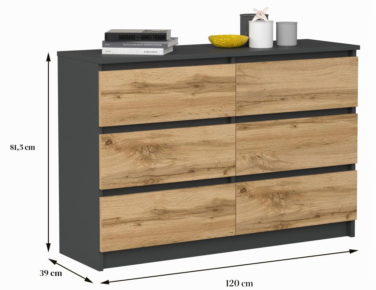 VBChome Kommode mit 6 Schubladen, Anthrazit-Artisan, 120 x 39 x 81 cm, Grifflose Holz-Schubladenkommode, Moderner Mehrzweckschrank für Flur, Schlafzimmer, Wohnzimmer & Kinderzimmer, Einfache Montage
